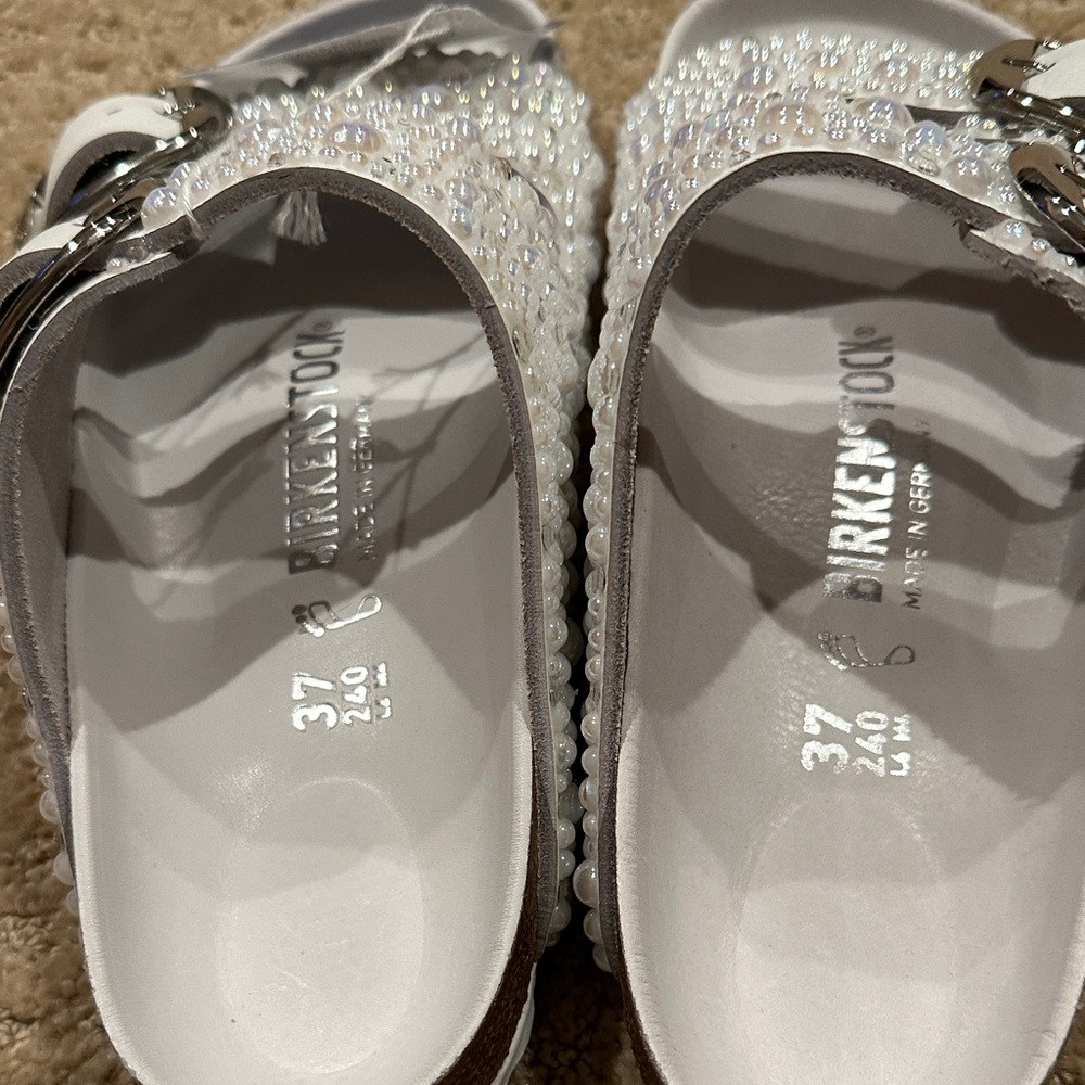 Birkenstock Customized Wedding Sandals in White with Pearl Accents - Picture 3 of 11